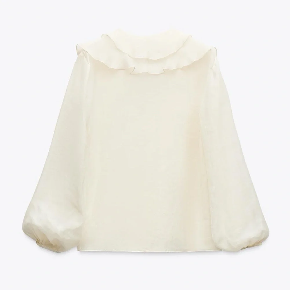 Zara NWT Romantic Victorian Ivory V Neck Long Puff Sleeve Ruffled Blouse (XS)